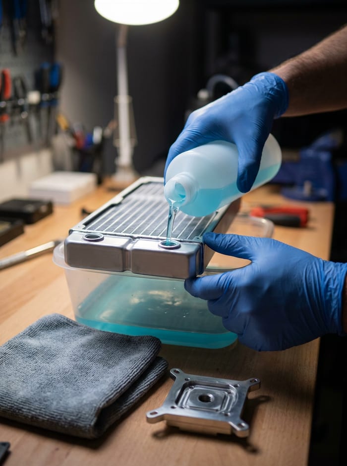 Pouring a cleaning solution through a radiator